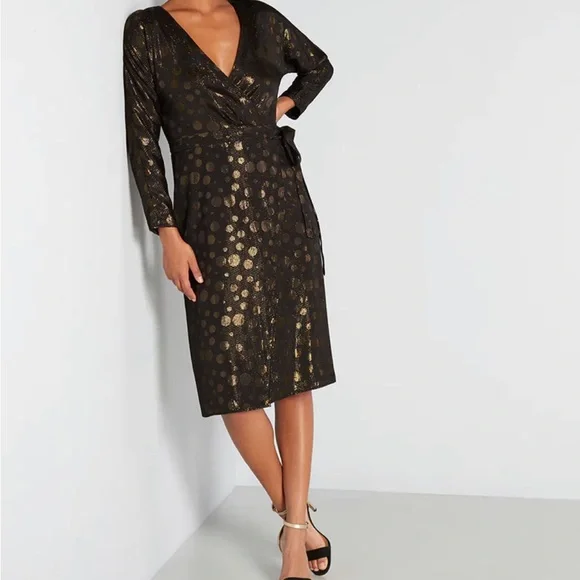 Golden Record Party Wrap Cotton Dress in M - Long Midi Vintage Inspired by ModCloth